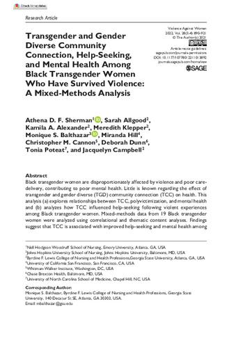 Transgender and Gender Diverse Community Connection, Help-Seeking, and Mental Health Among Black Transgender Women Who Have Survived Violence: A Mixed-Methods Analysis