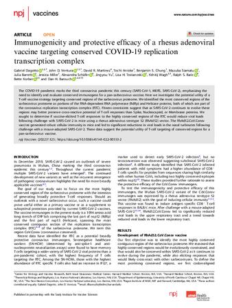 Immunogenicity and protective efficacy of a rhesus adenoviral vaccine targeting conserved COVID-19 replication transcription complex thumbnail