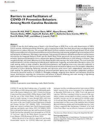 Barriers to and Facilitators of COVID-19 Prevention Behaviors Among North Carolina Residents thumbnail