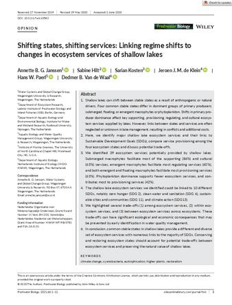 Shifting states, shifting services: Linking regime shifts to changes in ecosystem services of shallow lakes thumbnail