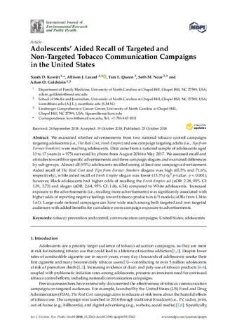 Adolescents’ aided recall of targeted and non-targeted tobacco communication campaigns in the united states thumbnail
