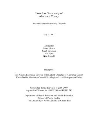 Homeless community of Alamance County : an action oriented community diagnosis thumbnail