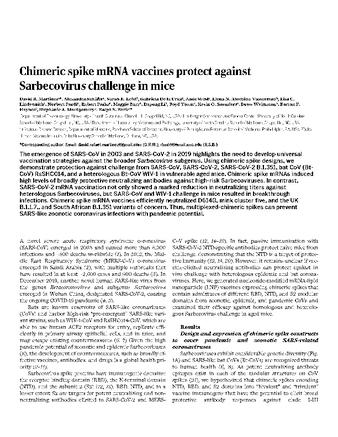 Chimeric spike mRNA vaccines protect against Sarbecovirus challenge in mice thumbnail
