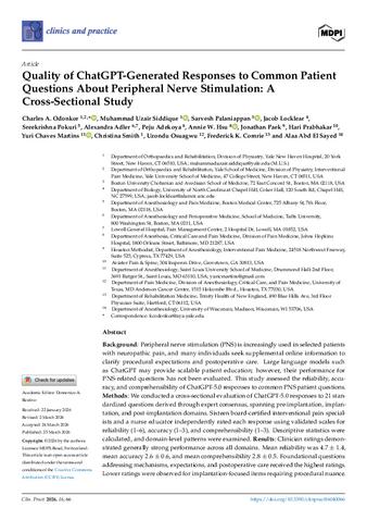 Quality of ChatGPT-Generated Responses to Common Patient Questions About Peripheral Nerve Stimulation: A Cross-Sectional Study thumbnail