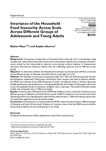 Invariance of the Household Food Insecurity Access Scale Across Different Groups of Adolescents and Young Adults thumbnail