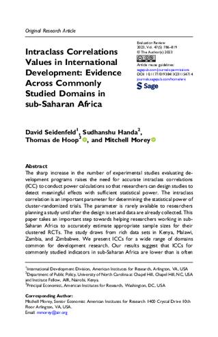 Intraclass Correlations Values in International Development: Evidence Across Commonly Studied Domains in sub-Saharan Africa thumbnail
