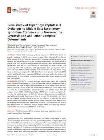 Permissivity of Dipeptidyl Peptidase 4 Orthologs to Middle East Respiratory Syndrome Coronavirus Is Governed by Glycosylation and Other Complex Determinants thumbnail
