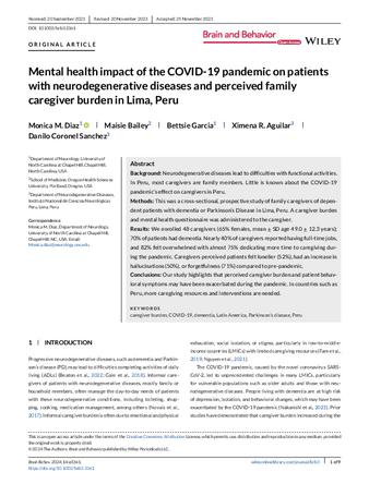 Mental health impact of the COVID-19 pandemic on patients with neurodegenerative diseases and perceived family caregiver burden in Lima, Peru thumbnail