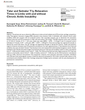 Talar and Subtalar T1ρ Relaxation Times in Limbs with and without Chronic Ankle Instability